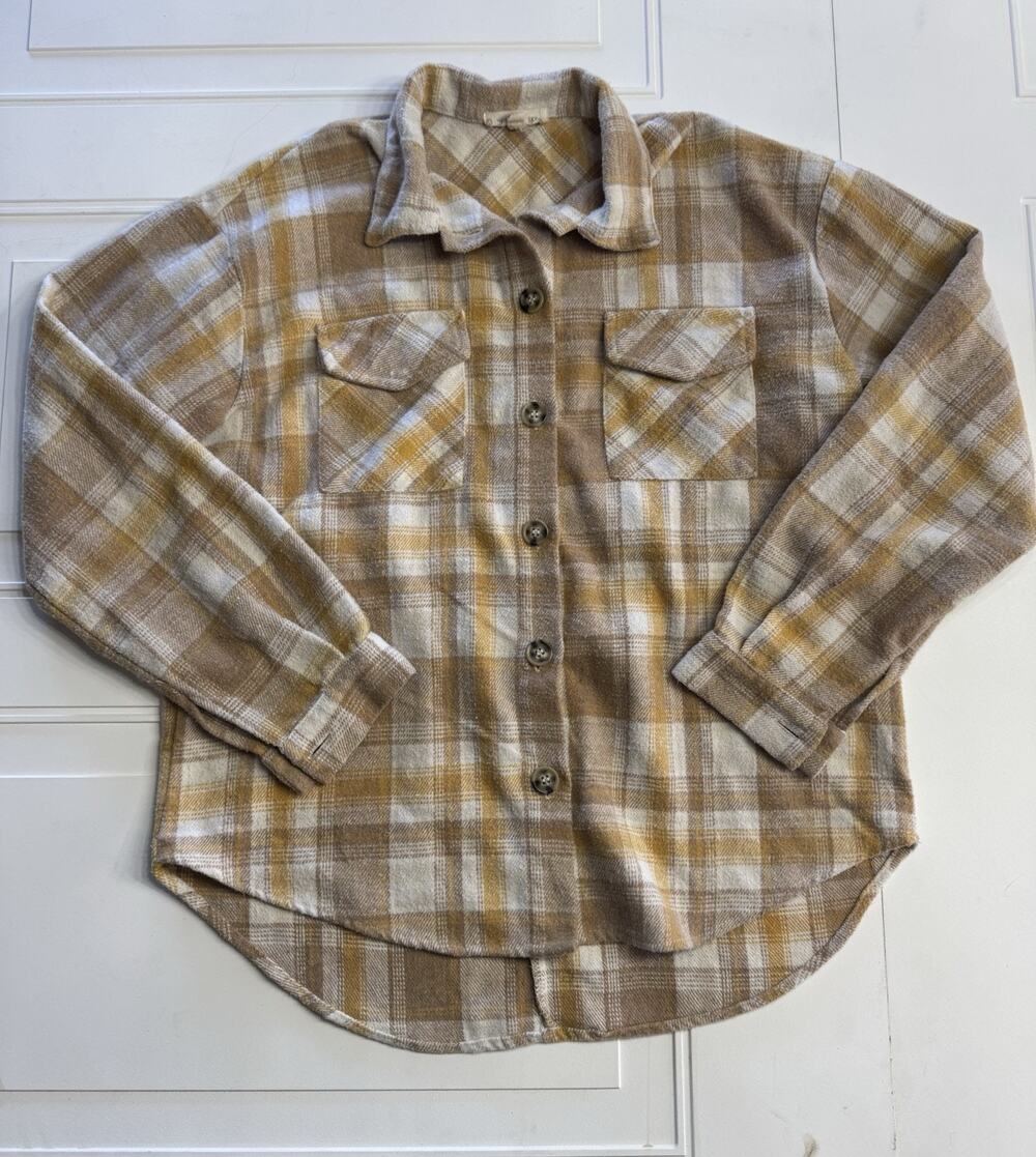 Pie In The Sky Women’s Sz M Oversized Plaid Flannel Shirt Yellow Tan White